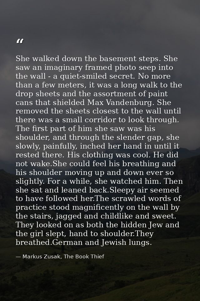 She walked down the basement steps. She saw an imaginary framed photo seep into the wall - a quiet-smiled secret. No mor — Markus Zusak, The Book Thief