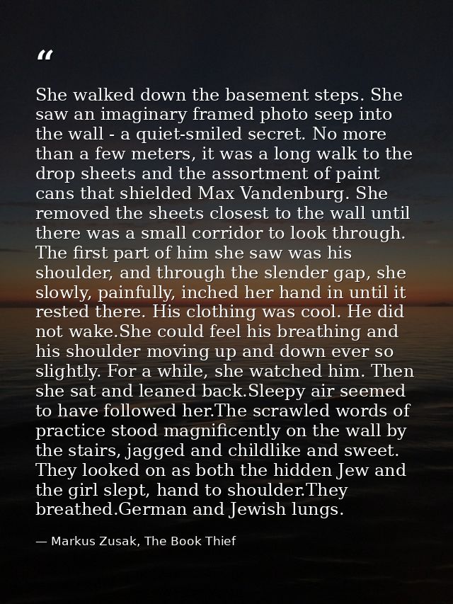 She walked down the basement steps. She saw an imaginary framed photo seep into the wall - a quiet-smiled secret. No mor — Markus Zusak, The Book Thief
