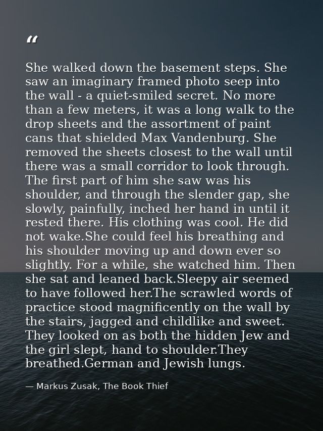 She walked down the basement steps. She saw an imaginary framed photo seep into the wall - a quiet-smiled secret. No mor — Markus Zusak, The Book Thief