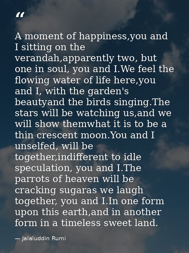 A moment of happiness,you and I sitting on the verandah,apparently two, but one in soul, you and I.We feel the flowing w — Jalaluddin Rumi
