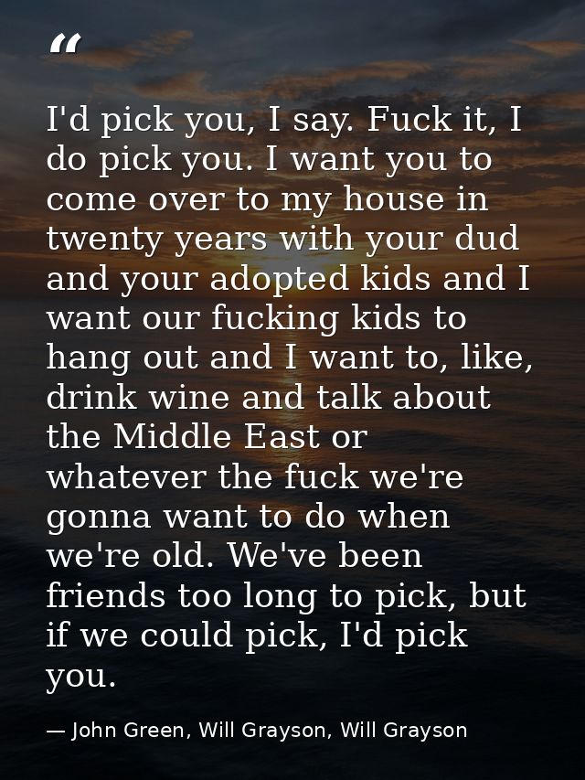I'd pick you, I say. Fuck it, I do pick you. I want you to come over to my house in twenty years with your dud and your  — John Green, Will Grayson, Will Grayson