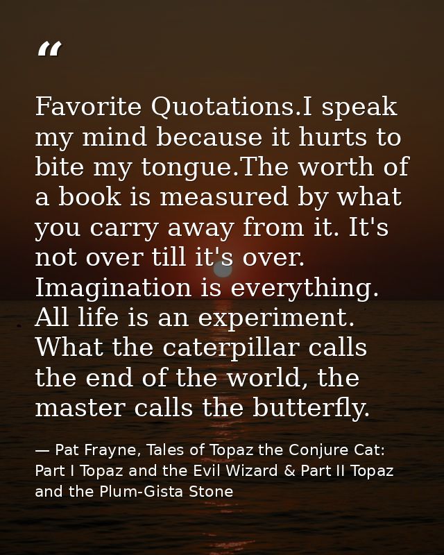 Favorite Quotations.I speak my mind because it hurts to bite my tongue.The worth of a book is measured by what you carry — Pat Frayne, Tales of Topaz the Conjure Cat: Part I Topaz and the Evil Wizard & Part II Topaz and the Plum-Gista Stone