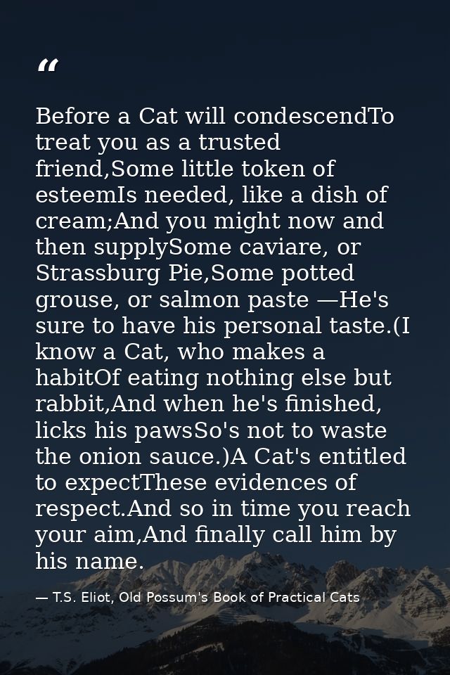 Before a Cat will condescendTo treat you as a trusted friend,Some little token of esteemIs needed, like a dish of cream; — T.S. Eliot, Old Possum's Book of Practical Cats