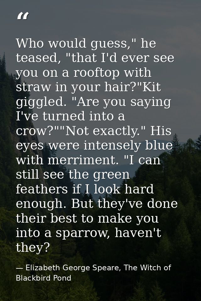 Who would guess," he teased, "that I'd ever see you on a rooftop with straw in your hair?"Kit giggled. "Are you saying I — Elizabeth George Speare, The Witch of Blackbird Pond