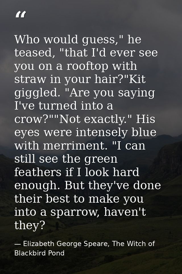 Who would guess," he teased, "that I'd ever see you on a rooftop with straw in your hair?"Kit giggled. "Are you saying I — Elizabeth George Speare, The Witch of Blackbird Pond