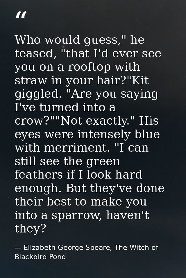 Who would guess," he teased, "that I'd ever see you on a rooftop with straw in your hair?"Kit giggled. "Are you saying I — Elizabeth George Speare, The Witch of Blackbird Pond