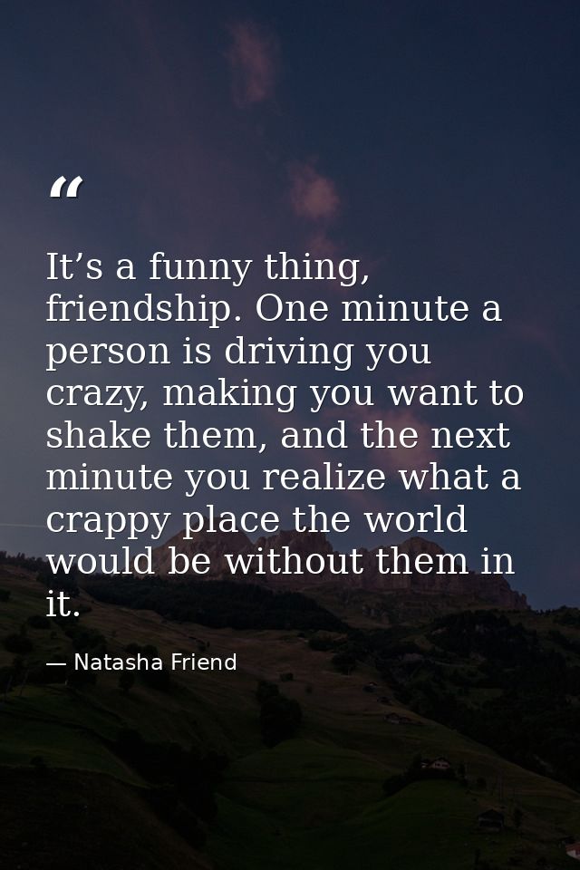 It’s a funny thing, friendship. One minute a person is driving you crazy, making you want to shake them, and the next mi — Natasha Friend
