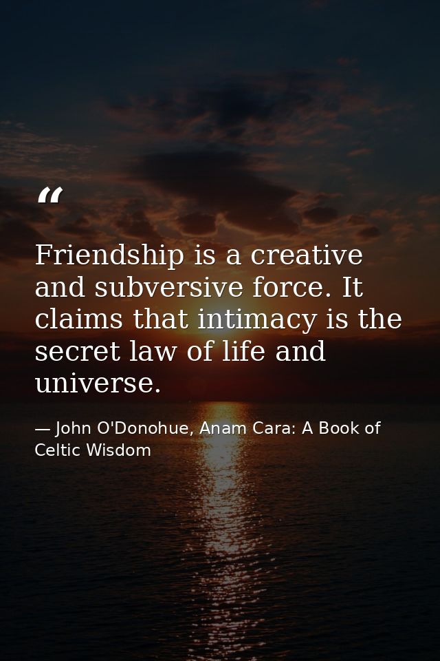 Friendship is a creative and subversive force. It claims that intimacy is the secret law of life and universe. — John O'Donohue, Anam Cara: A Book of Celtic Wisdom