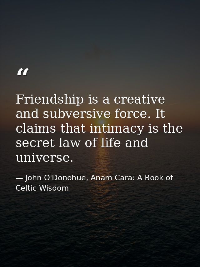 Friendship is a creative and subversive force. It claims that intimacy is the secret law of life and universe. — John O'Donohue, Anam Cara: A Book of Celtic Wisdom