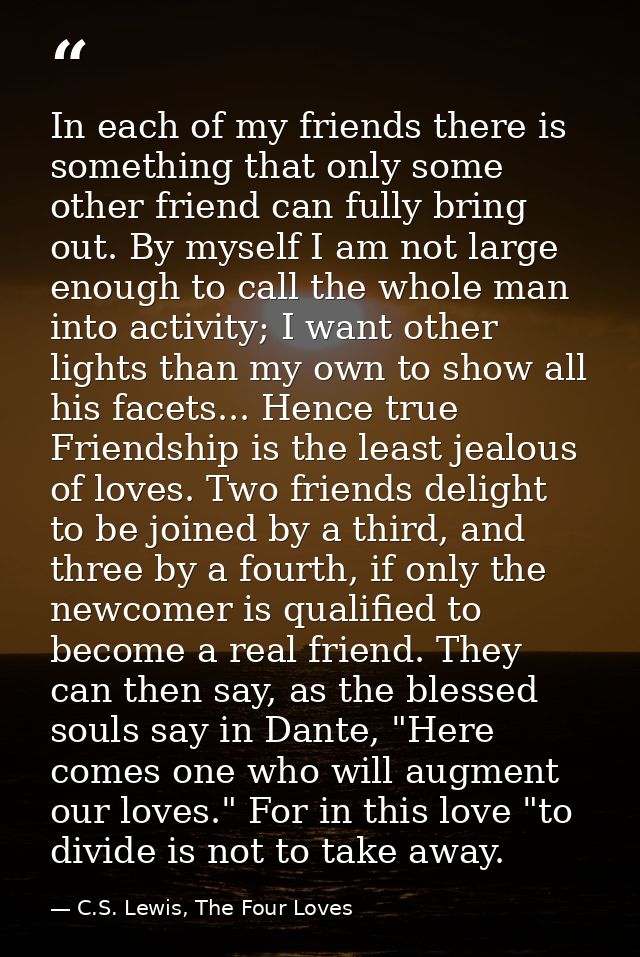 In each of my friends there is something that only some other friend can fully bring out. By myself I am not large enoug — C.S. Lewis, The Four Loves