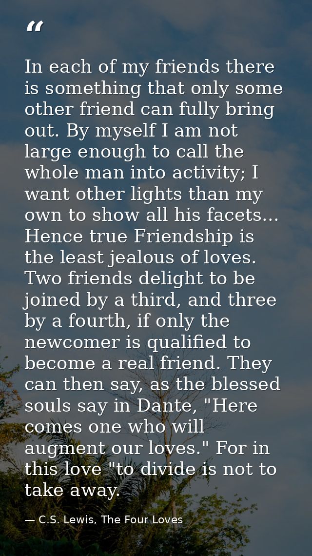 In each of my friends there is something that only some other friend can fully bring out. By myself I am not large enoug — C.S. Lewis, The Four Loves