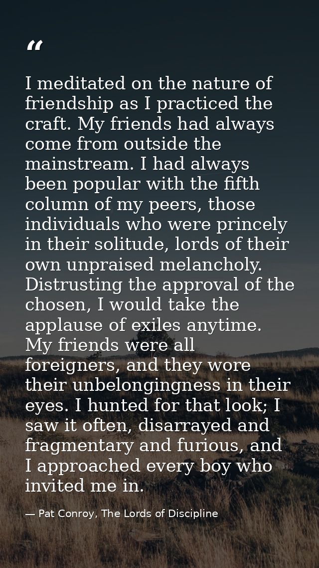 I meditated on the nature of friendship as I practiced the craft. My friends had always come from outside the mainstream — Pat Conroy, The Lords of Discipline