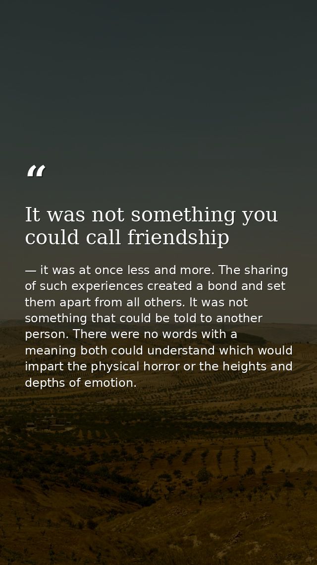 It was not something you could call friendship — it was at once less and more. The sharing of such experiences created a bond and set them apart from all others. It was not something that could be told to another person. There were no words with a meaning both could understand which would impart the physical horror or the heights and depths of emotion.