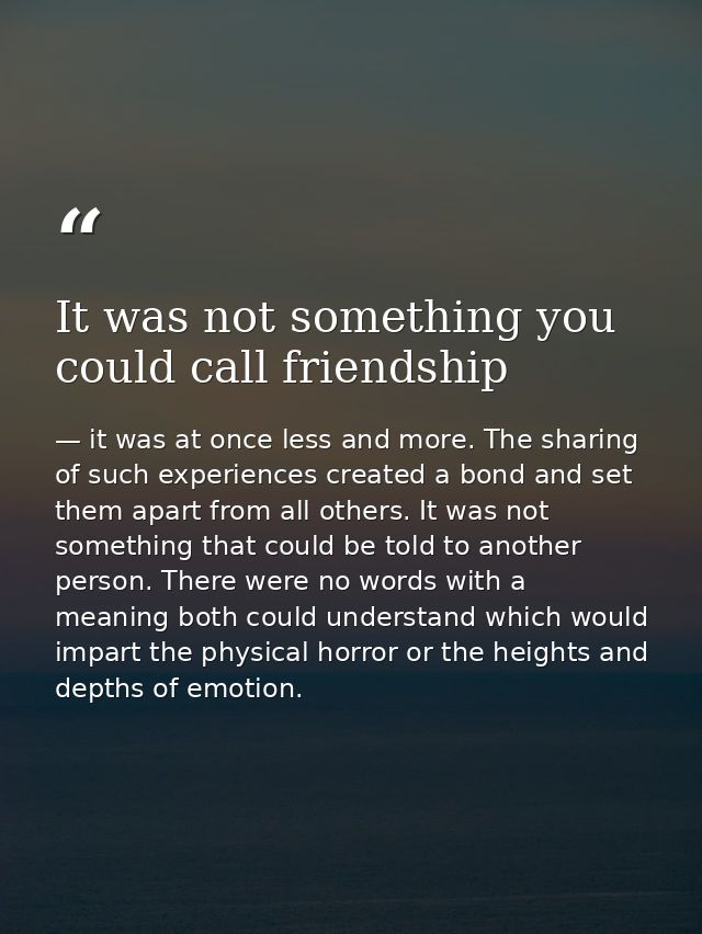 It was not something you could call friendship — it was at once less and more. The sharing of such experiences created a bond and set them apart from all others. It was not something that could be told to another person. There were no words with a meaning both could understand which would impart the physical horror or the heights and depths of emotion.