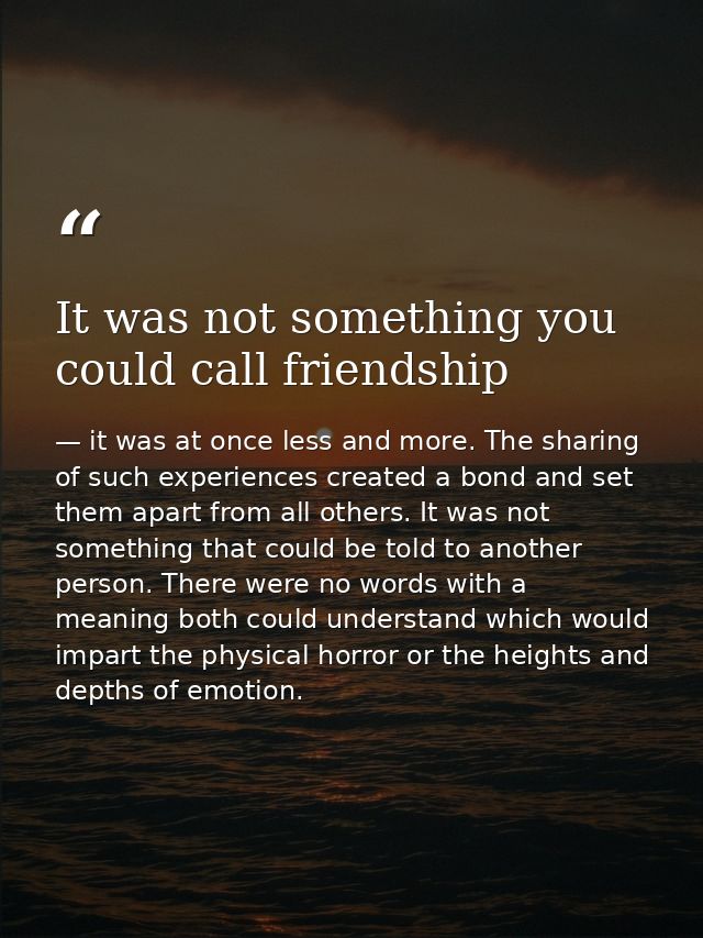 It was not something you could call friendship — it was at once less and more. The sharing of such experiences created a bond and set them apart from all others. It was not something that could be told to another person. There were no words with a meaning both could understand which would impart the physical horror or the heights and depths of emotion.
