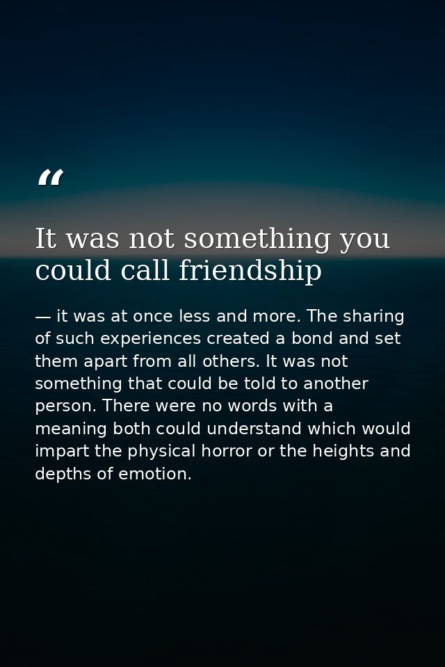 It was not something you could call friendship — it was at once less and more. The sharing of such experiences created a bond and set them apart from all others. It was not something that could be told to another person. There were no words with a meaning both could understand which would impart the physical horror or the heights and depths of emotion.