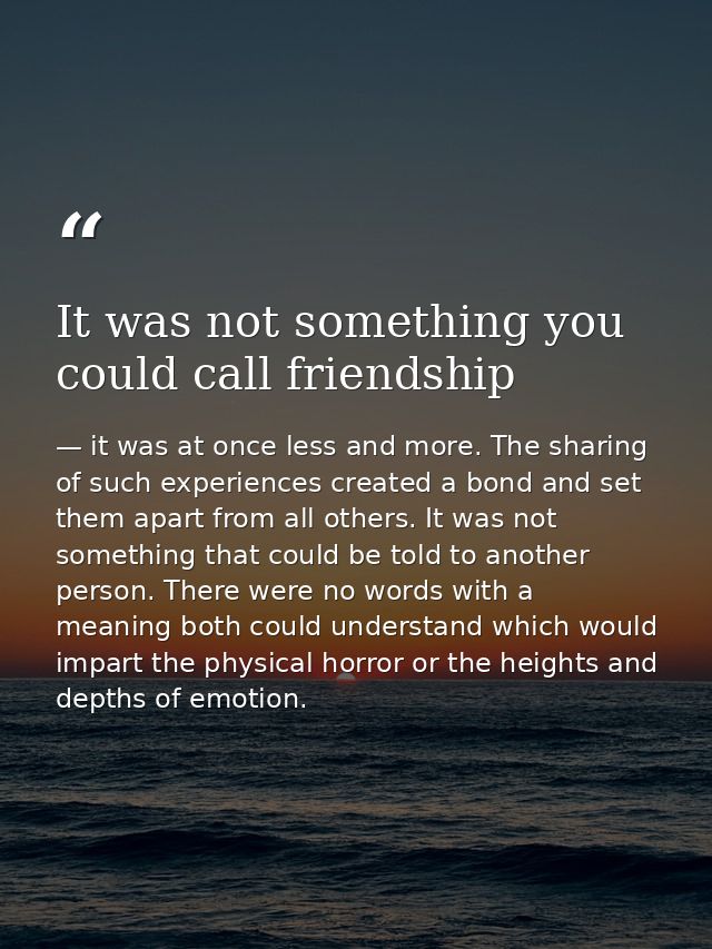 It was not something you could call friendship — it was at once less and more. The sharing of such experiences created a bond and set them apart from all others. It was not something that could be told to another person. There were no words with a meaning both could understand which would impart the physical horror or the heights and depths of emotion.