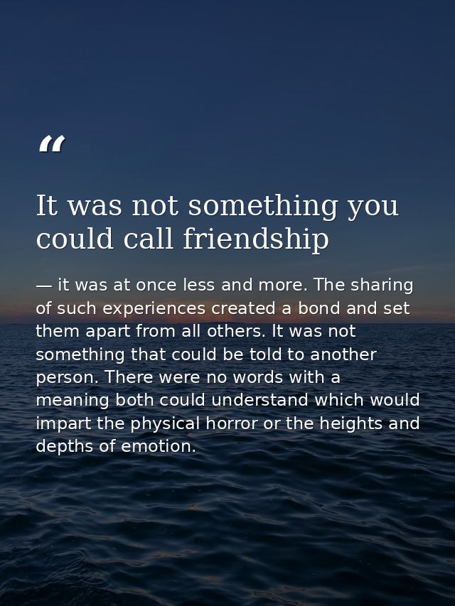 It was not something you could call friendship — it was at once less and more. The sharing of such experiences created a bond and set them apart from all others. It was not something that could be told to another person. There were no words with a meaning both could understand which would impart the physical horror or the heights and depths of emotion.