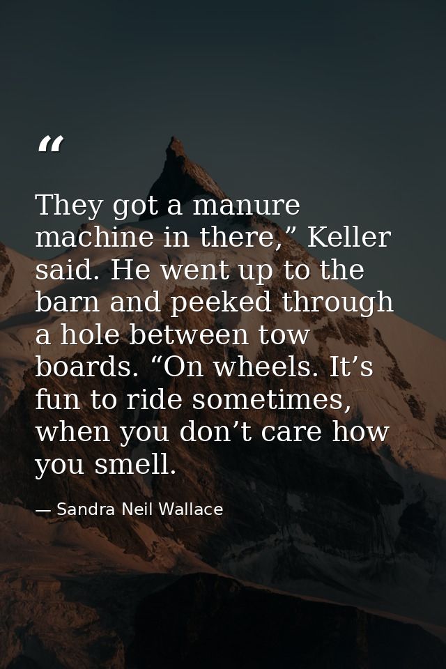 They got a manure machine in there,” Keller said. He went up to the barn and peeked through a hole between tow boards. “ — Sandra Neil Wallace