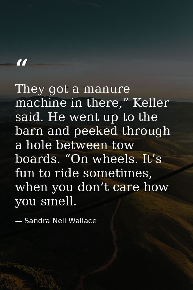 They got a manure machine in there,” Keller said. He went up to the barn and peeked through a hole between tow boards. “ — Sandra Neil Wallace
