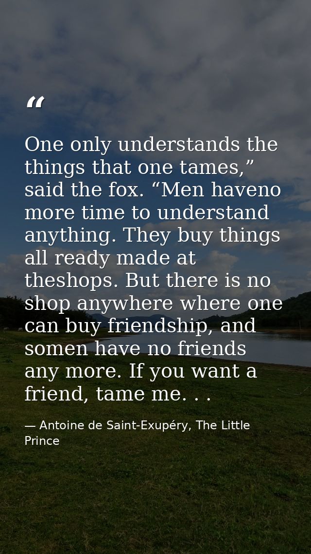 One only understands the things that one tames,” said the fox. “Men haveno more time to understand anything. They buy th — Antoine de Saint-Exupéry, The Little Prince