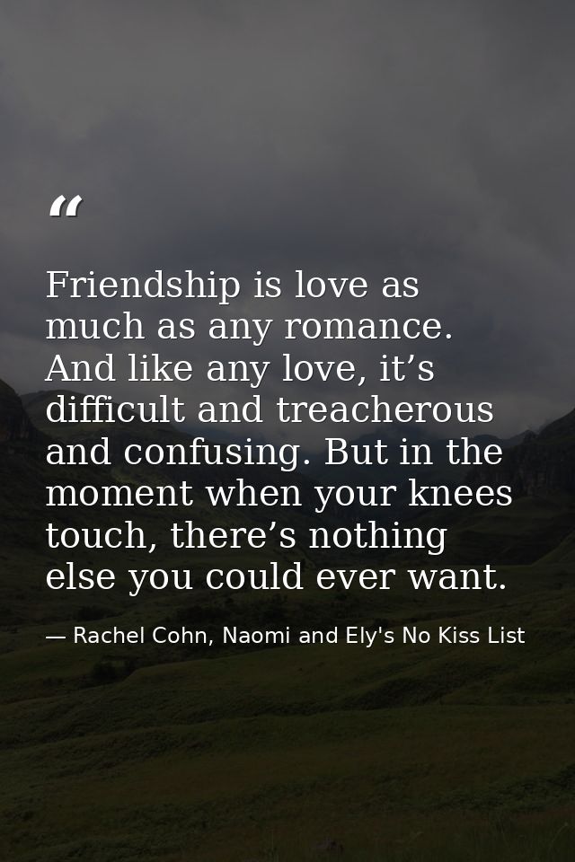 Friendship is love as much as any romance. And like any love, it’s difficult and treacherous and confusing. But in the m — Rachel Cohn, Naomi and Ely's No Kiss List