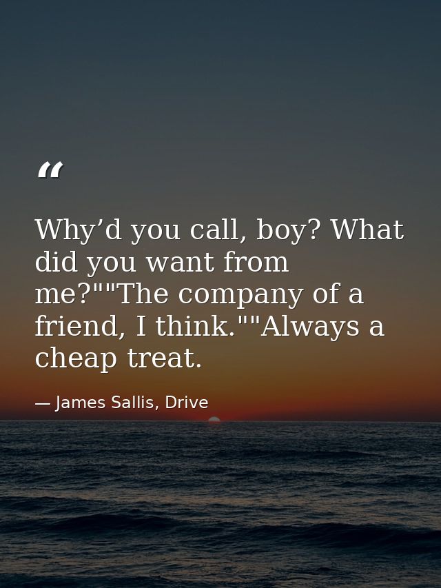 Why’d you call, boy? What did you want from me?""The company of a friend, I think.""Always a cheap treat. — James Sallis, Drive