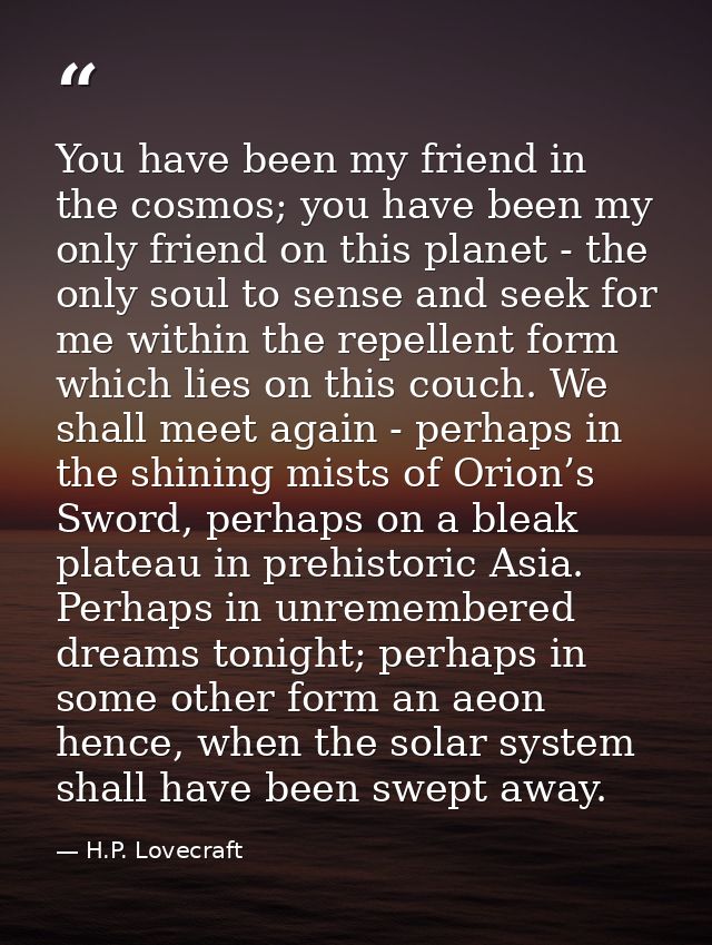 You have been my friend in the cosmos; you have been my only friend on this planet - the only soul to sense and seek for — H.P. Lovecraft