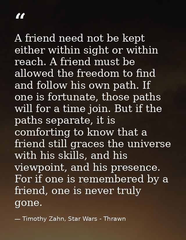 A friend need not be kept either within sight or within reach. A friend must be allowed the freedom to find and follow h — Timothy Zahn, Star Wars - Thrawn