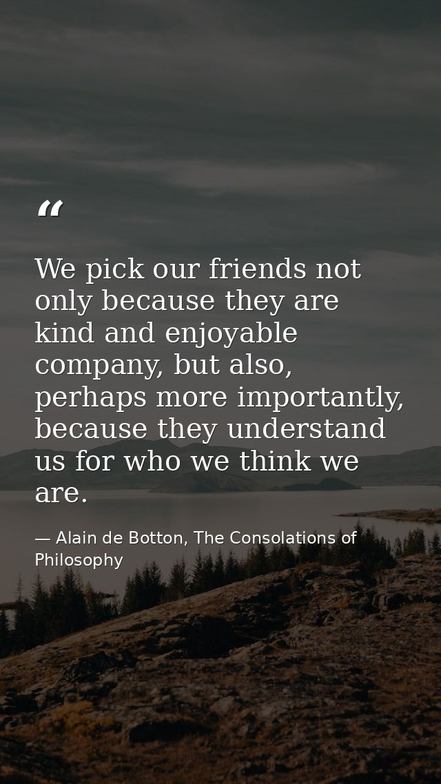 We pick our friends not only because they are kind and enjoyable company, but also, perhaps more importantly, because th — Alain de Botton, The Consolations of Philosophy