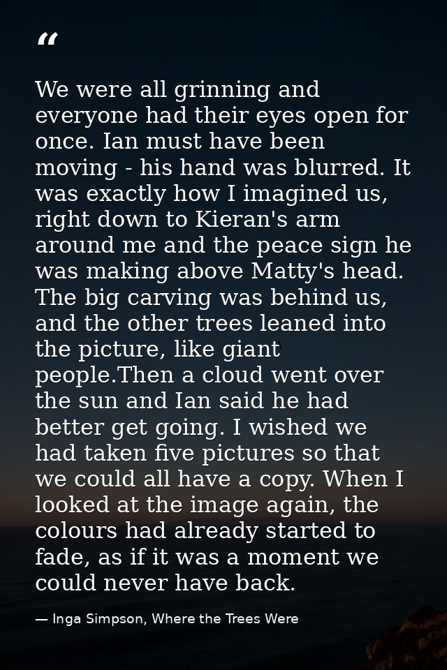 We were all grinning and everyone had their eyes open for once. Ian must have been moving - his hand was blurred. It was — Inga Simpson, Where the Trees Were