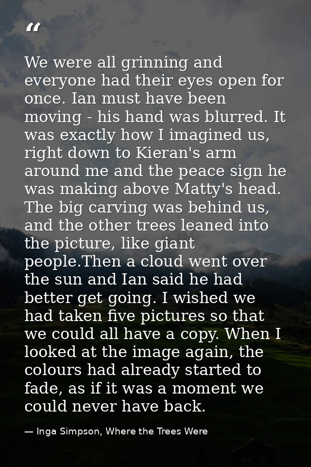We were all grinning and everyone had their eyes open for once. Ian must have been moving - his hand was blurred. It was — Inga Simpson, Where the Trees Were