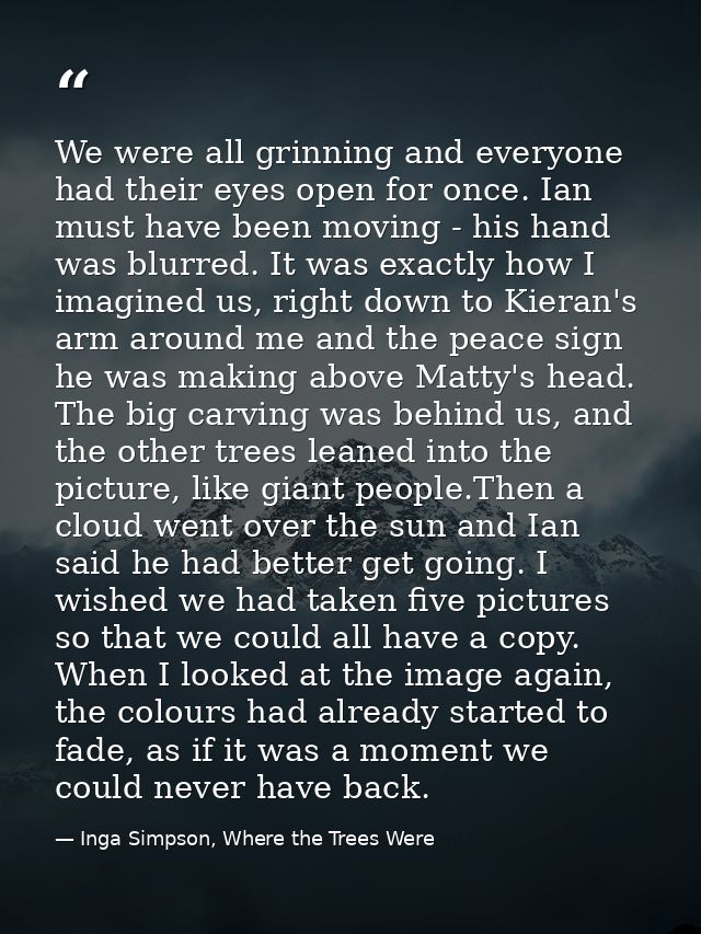 We were all grinning and everyone had their eyes open for once. Ian must have been moving - his hand was blurred. It was — Inga Simpson, Where the Trees Were