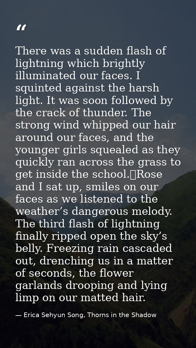 There was a sudden flash of lightning which brightly illuminated our faces. I squinted against the harsh light. It was s — Erica Sehyun Song, Thorns in the Shadow