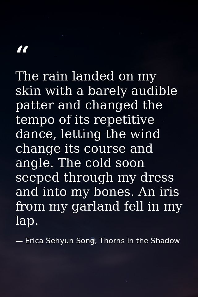 The rain landed on my skin with a barely audible patter and changed the tempo of its repetitive dance, letting the wind  — Erica Sehyun Song, Thorns in the Shadow