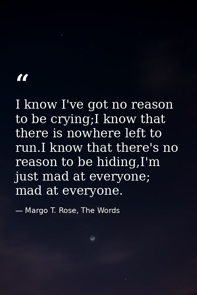 I know I've got no reason to be crying;I know that there is nowhere left to run.I know that there's no reason to be hidi — Margo T. Rose, The Words