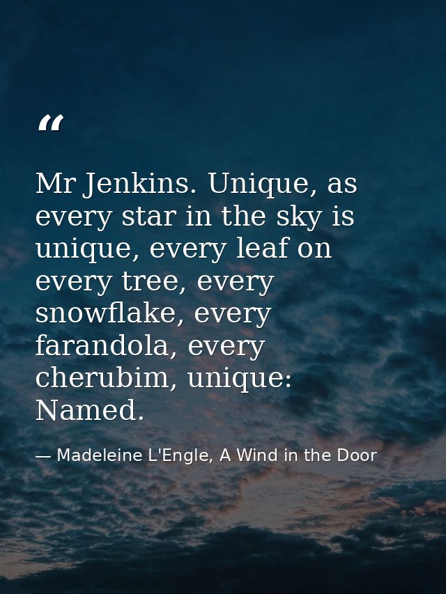 Mr Jenkins. Unique, as every star in the sky is unique, every leaf on every tree, every snowflake, every farandola, ever — Madeleine L'Engle, A Wind in the Door