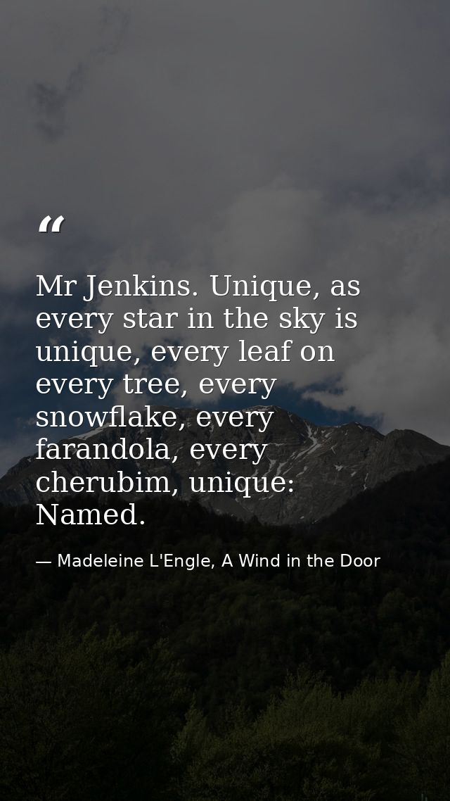 Mr Jenkins. Unique, as every star in the sky is unique, every leaf on every tree, every snowflake, every farandola, ever — Madeleine L'Engle, A Wind in the Door