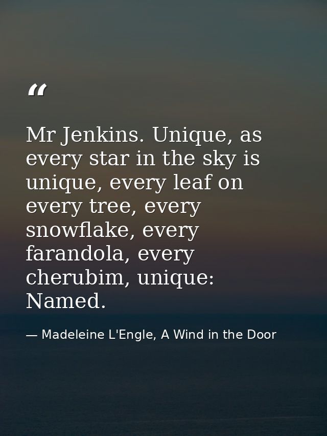 Mr Jenkins. Unique, as every star in the sky is unique, every leaf on every tree, every snowflake, every farandola, ever — Madeleine L'Engle, A Wind in the Door