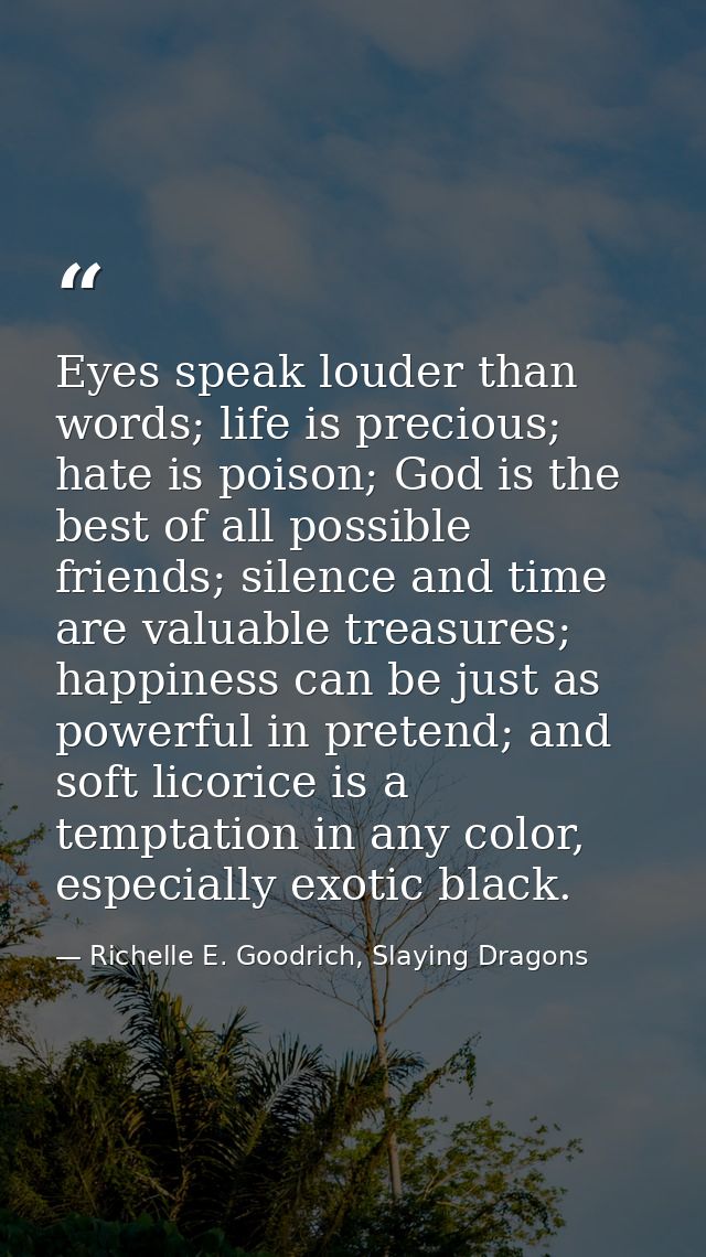 Eyes speak louder than words; life is precious; hate is poison; God is the best of all possible friends; silence and tim — Richelle E. Goodrich, Slaying Dragons