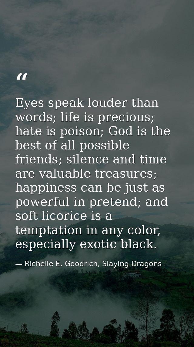 Eyes speak louder than words; life is precious; hate is poison; God is the best of all possible friends; silence and tim — Richelle E. Goodrich, Slaying Dragons