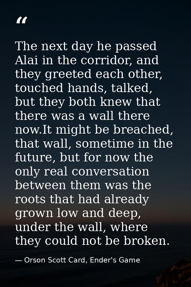 The next day he passed Alai in the corridor, and they greeted each other, touched hands, talked, but they both knew that — Orson Scott Card, Ender's Game