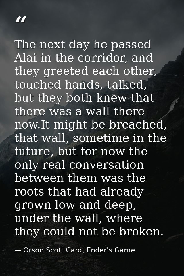 The next day he passed Alai in the corridor, and they greeted each other, touched hands, talked, but they both knew that — Orson Scott Card, Ender's Game