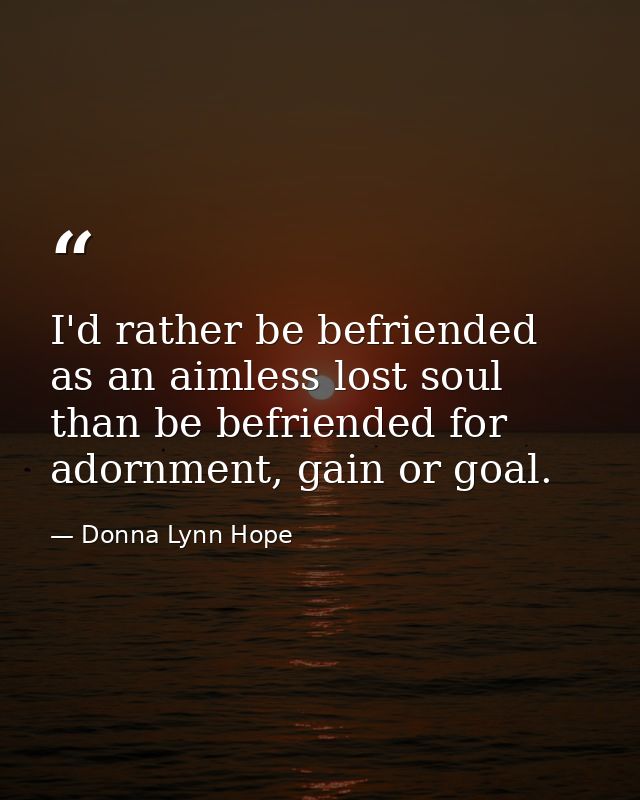 I'd rather be befriended as an aimless lost soul than be befriended for adornment, gain or goal. — Donna Lynn Hope