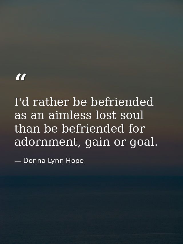 I'd rather be befriended as an aimless lost soul than be befriended for adornment, gain or goal. — Donna Lynn Hope