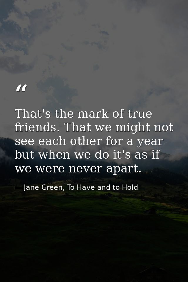 That's the mark of true friends. That we might not see each other for a year but when we do it's as if we were never apa — Jane Green, To Have and to Hold