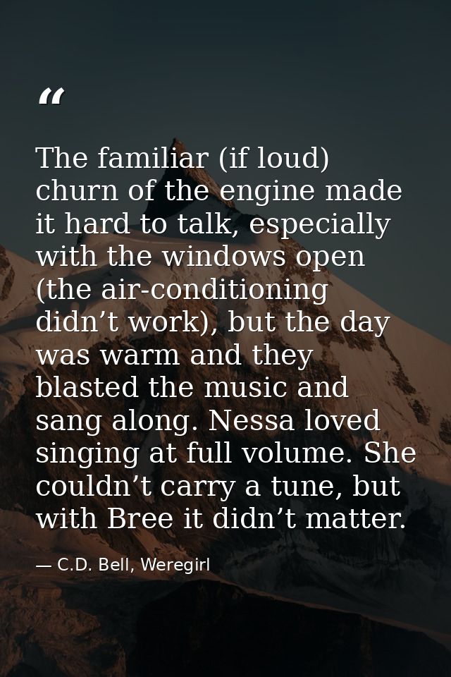 The familiar (if loud) churn of the engine made it hard to talk, especially with the windows open (the air-conditioning  — C.D. Bell, Weregirl