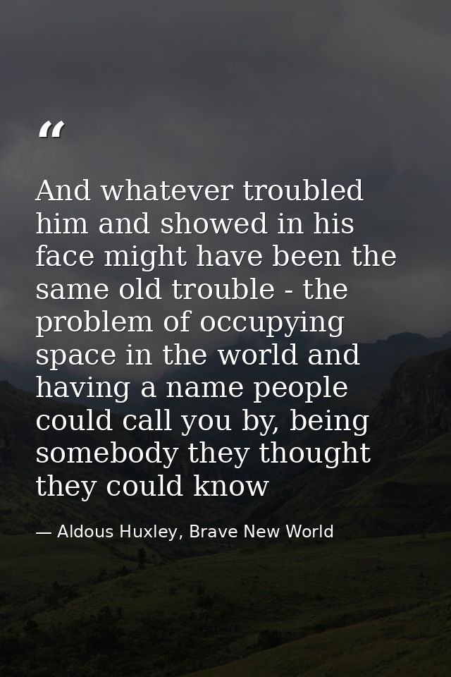 And whatever troubled him and showed in his face might have been the same old trouble - the problem of occupying space i — Aldous Huxley, Brave New World