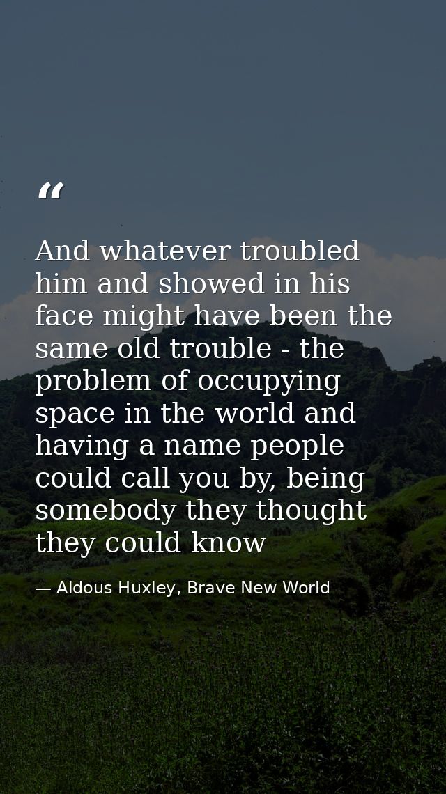 And whatever troubled him and showed in his face might have been the same old trouble - the problem of occupying space i — Aldous Huxley, Brave New World