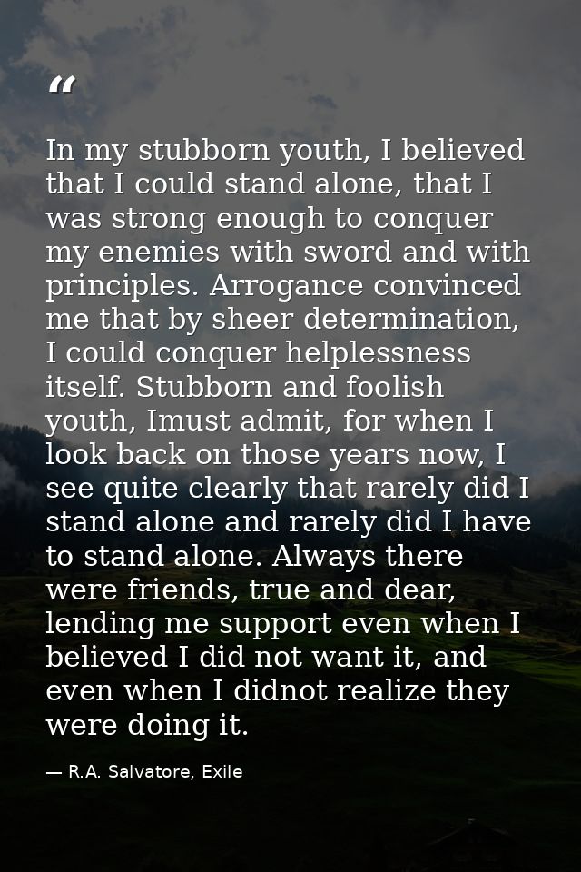 In my stubborn youth, I believed that I could stand alone, that I was strong enough to conquer my enemies with sword and — R.A. Salvatore, Exile
